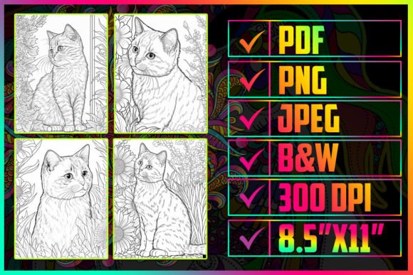 Download 10 Cat with Floral Coloring Book Page - Premium Bundle